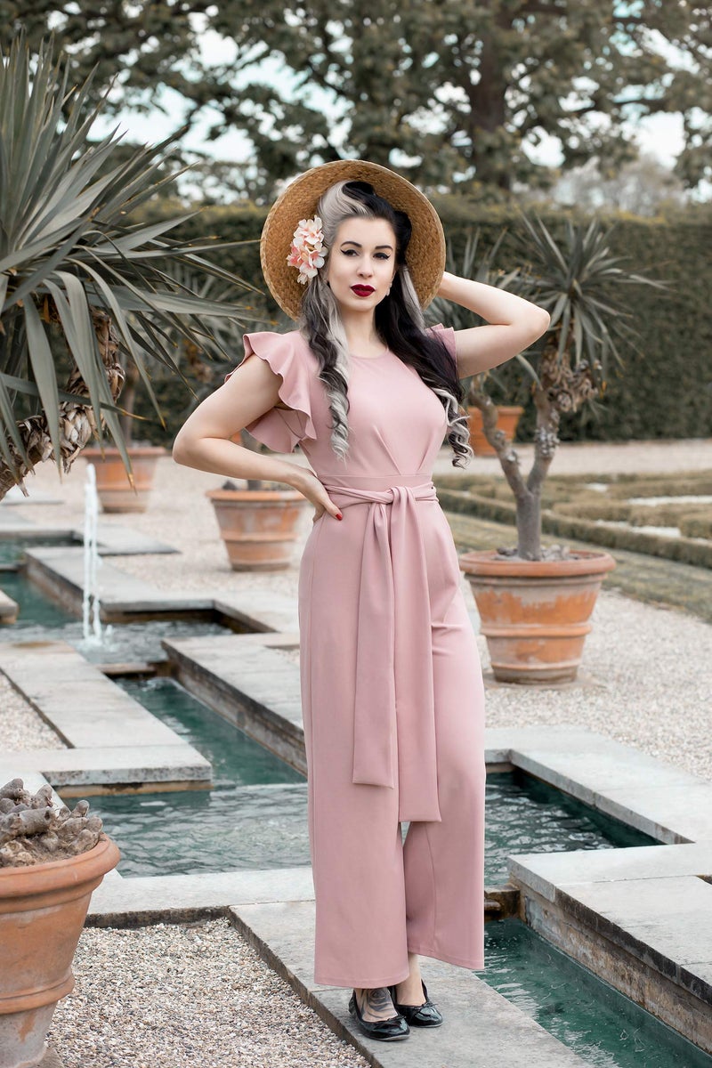 Knitee Women's Vintage Sleeveless Ruffle High Waist Wide Leg Romper Formal Long Jumpsuit with Belt (Pink, Medium, m) - Image 3